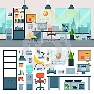 Office vector work place with computer and workers furniture table or chair in furnished business interior of cabinet