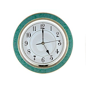 Office wall clock shows five hours isolated closeup