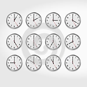 Office Wall Clocks Showing the Times of Day. Round Quartz Analog Wall Clock. Clock Face with Arabic Numerals. Vector Art