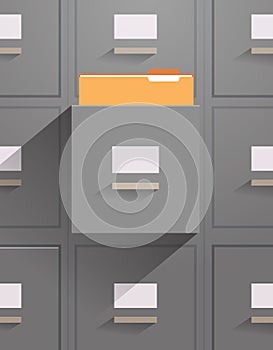 Office wall of filing cabinet with open card catalog document data archive storage folders for files business