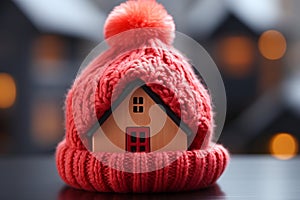 Office warmth represented by close-up insulation symbol house with red bonnet