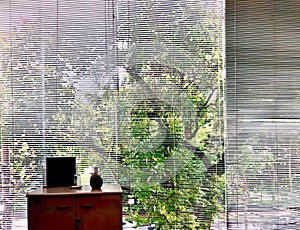 Office with window with blinds overlooking nature