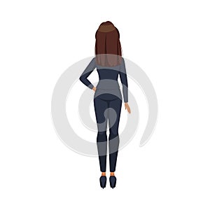 Office Woman Character with Ponytail Wearing Formal Suit Standing Back View Vector Illustration