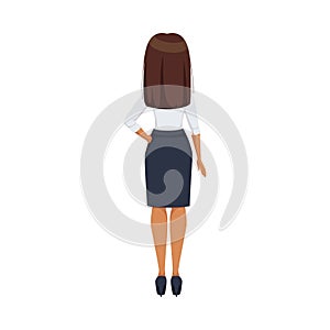 Office Woman Character Wearing White Blouse and Skirt in Standing Pose Back View Vector Illustration