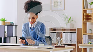 Office woman, credit card and phone with happy online shopping, digital banking or fintech payment at work. Biracial