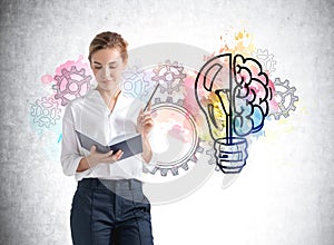 Office woman with light bulb with brain and gears
