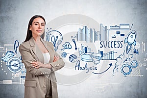 Office woman smiling with arms crossed, business plan with icons