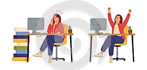 Office woman tired. Before after hard work, manager working. Angry and happy girl at table computer, successful employee