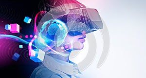 Office woman in vr glasses, metaverse hologram and cyberspace