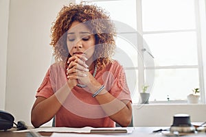 Office, woman or worker praying, faith or hope for career, job or work opportunity in workplace for God. Trust, worship