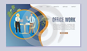 Office work and business workplace web template with working busy worker and lady boss with laptop in modern comfortable