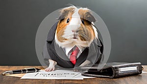Office work concept. Wearing suit and tie, sitting on desk. guinea pig working ,ai generated