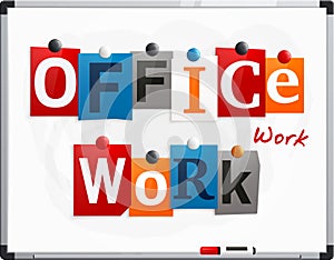 Office work made from newspaper letters attached to a whiteboard or noticeboard with magnets. Marker pen. Vector. photo