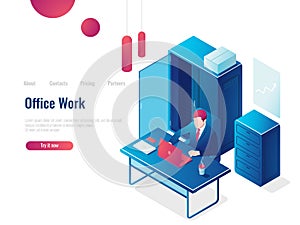 Office work, a man working at a computer, interior, business Analytics and statistics, paperwork people vector