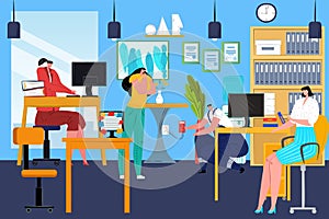 Office work routine, vector illustration. Business man woman people at cartoon computer job, employee at workplace desk