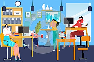 Office work routine, vector illustration. Business man woman people at cartoon computer job, employee at workplace desk
