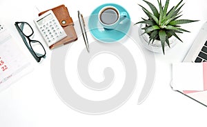 Office work space desk,business finances objects on white empty space background