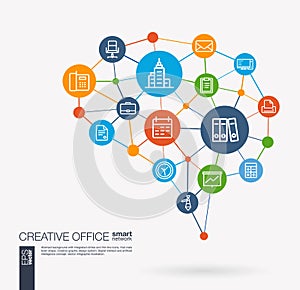Office work space, people, teamwork, workspace integrated business vector icons. Digital mesh smart brain idea