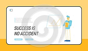 Office Worker Analysing Financial Results Website Landing Page. Business Man at Board with Rising Diagram Chart