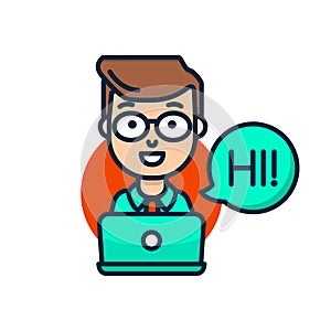 Office worker behind laptop flat line vector icon