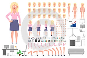 Office worker blonde girl cartoon character body parts creation set. Young woman standing vector constructor illustration