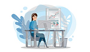 Office worker. A business woman sits at a table and works on a computer. Flat vector concept illustration isolated on