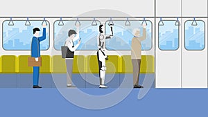 Office worker and businessman standing with a robot inside city train cabin