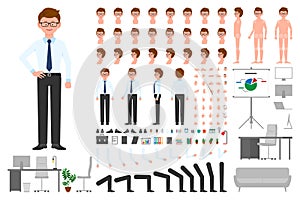 Office worker cartoon character body parts creation set. Young man standing constructor vector illustration