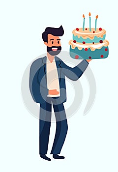 Office worker celebrating birthday holding cake. Concept of birthday celebration, happiness, joy. Illustration for a