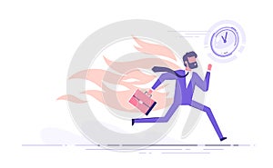 Office worker character running with back on fire. Deadline and rush hour. Vector illustration