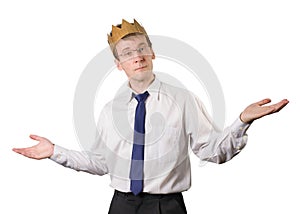 An office worker with a crown on his head is satisfied with the work. Things are going great. Isolated