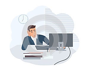 Office worker dressed in smart suit sitting at desk and working on computer. Clerk at its workplace. Scene from daily