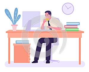 Office worker drinking coffee. White background. Vector illustration in a flat cartoon style