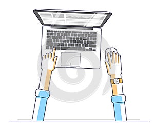 Office worker or entrepreneur businessman working on a PC computer laptop, top view of workspace desk with human hands, overhead