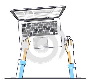 Office worker or entrepreneur businessman working on a PC computer laptop, top view of workspace desk with human hands, overhead