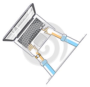 Office worker or entrepreneur businessman working on a PC computer notebook, top view of workspace desk with human