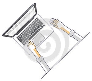 Office worker or entrepreneur businessman working on a PC computer notebook, top view of workspace desk with human hands, overhead