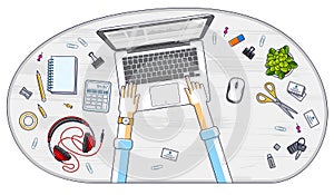 Office worker or entrepreneur working on a laptop computer, top