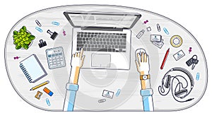 Office worker or entrepreneur working on a laptop computer, top view of workspace desk with human hands and diverse stationery