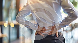 Office worker experiencing lower back pain, poor posture can lead to back pain, backache, lumbago