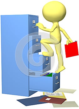 Office worker files folder in 3D filing cabinet