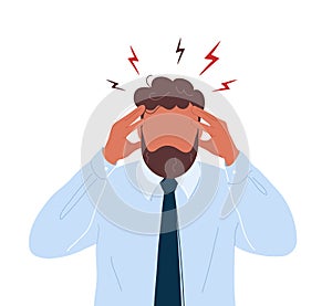 Office worker with headache touching his head