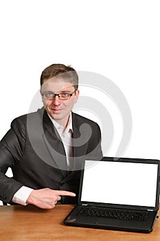 Office worker holding blank computer monitor