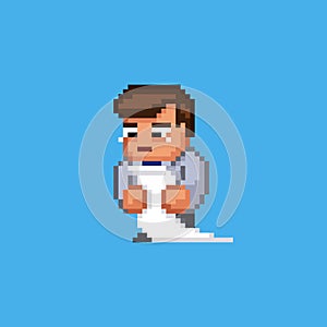 Office worker male character crying looking at the long document - bill or to-do list. 8 bit business pixel art retro