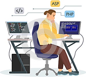 Office worker male character sitting at table with computer programmer writes program code