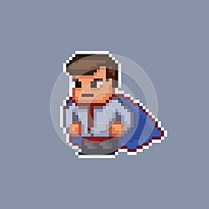 Office worker male character wearing a cape and red pants - business super hero. 8 bit pixel art retro cartoon