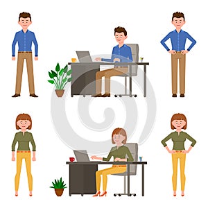 Office worker man and woman vector illustration. Front view standing, hands on hips, sitting at desk, typing cartoon character