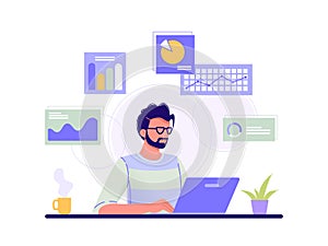 Office worker. Man is working at his laptop and the infographics on the background. Blue, green, yellow. Isolated flat vector