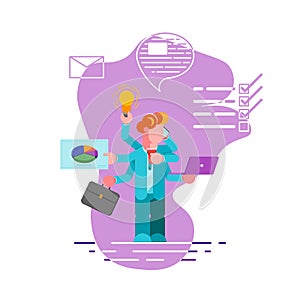 Office worker with many hands doing several actions at the same time. Multitasking, productivity and time management concept.