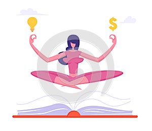 Office Worker Meditating with Dollar Sign and Light Bulb. Relaxed Businesswoman in Lotus Position